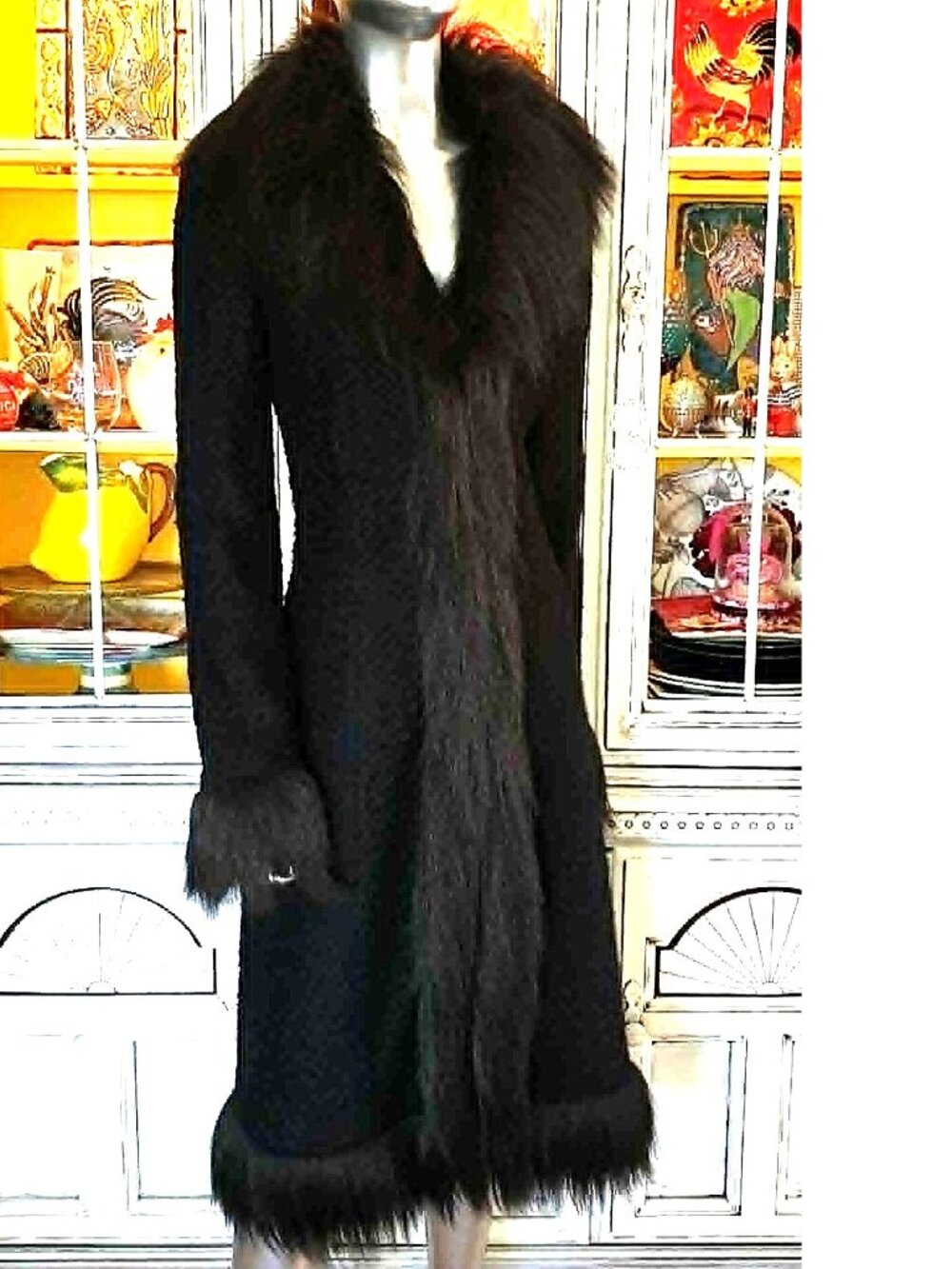 Vintage Betsey Johnson New York 90s Black Faux Fur Long Midi Duster Coat Jacket - Picture 6 of 16
